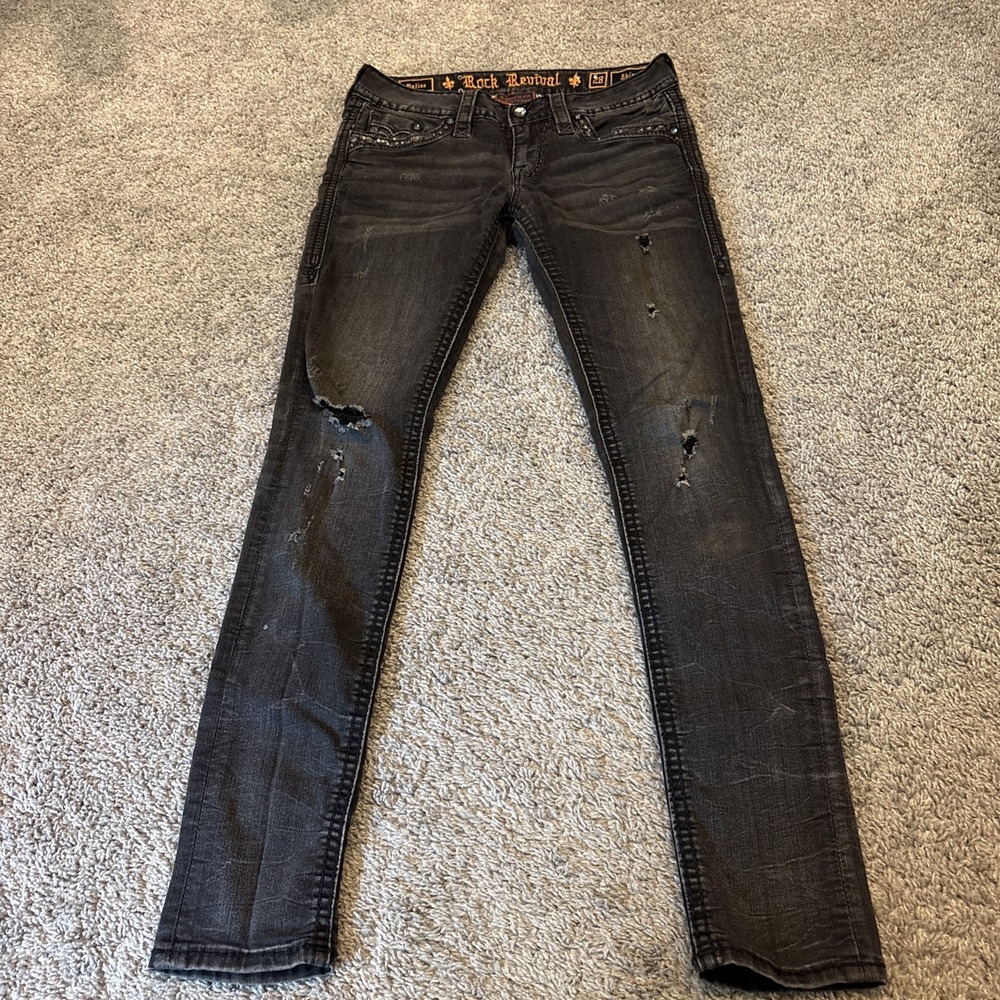 Rock Revival Jeans Womens 28 (Fits 30x32) Black Beliss Skinny Distressed Holes